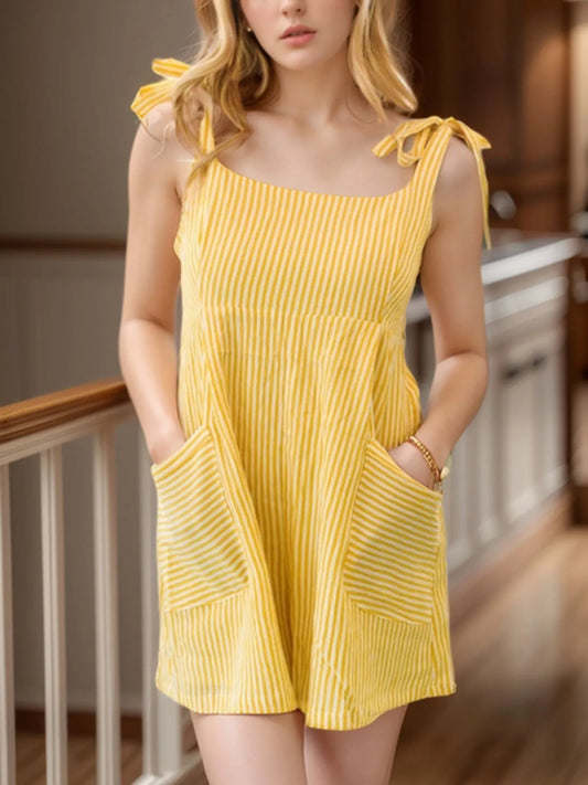 Stripe Shoulder Tie Smocked Back Casual Romper - Roe Creation