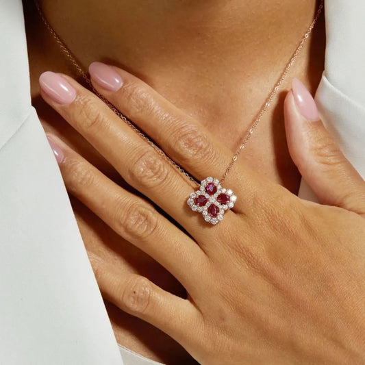 925 Sterling Silver Lab-Grown Ruby Flower Shape Necklace - Roe Creation