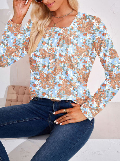 Boho Square Neck Long Sleeve Blouse – Full Size Bohemian Chic Top - Roe Creation