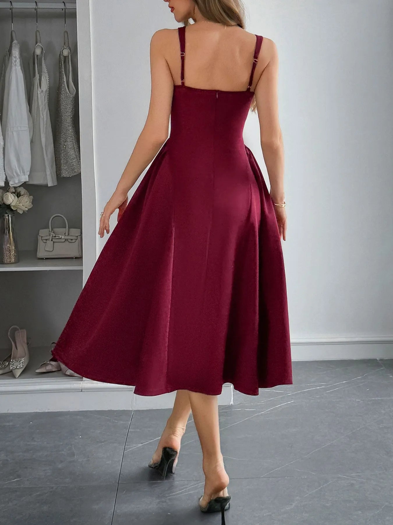 Square Neck Wide Strap Midi Dress - Roe Creation