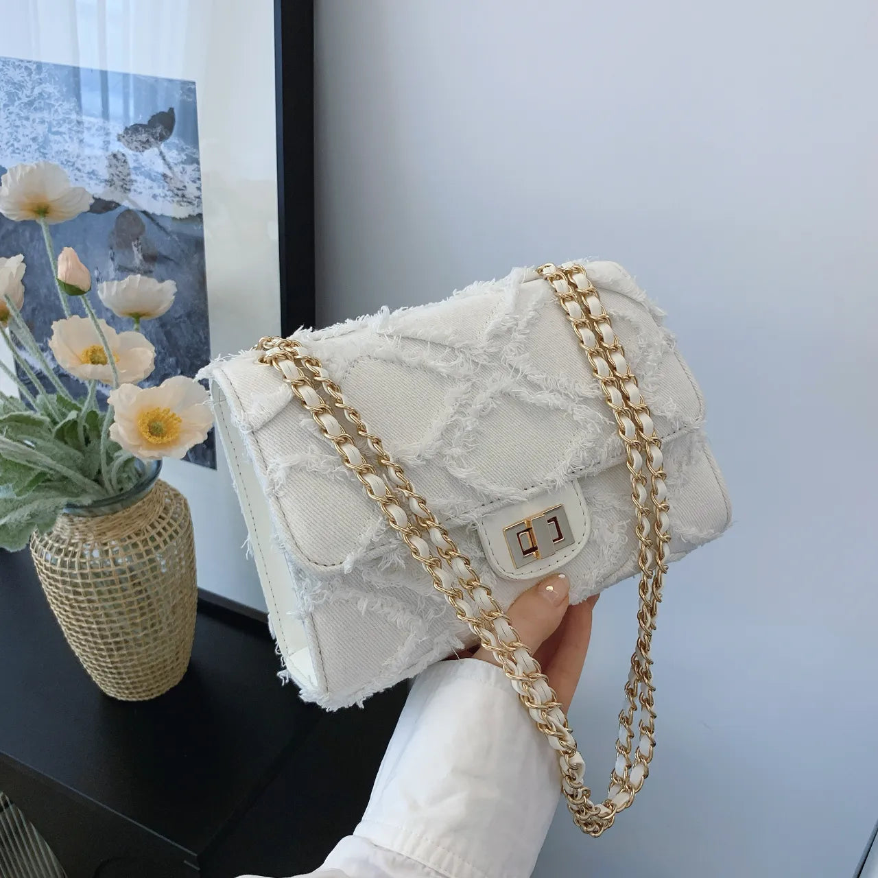 Frayed Edges Chain Crossbody Bag - Roe Creation