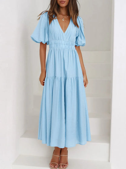 V-Neck Puff Sleeve Midi Dress - Roe Creation