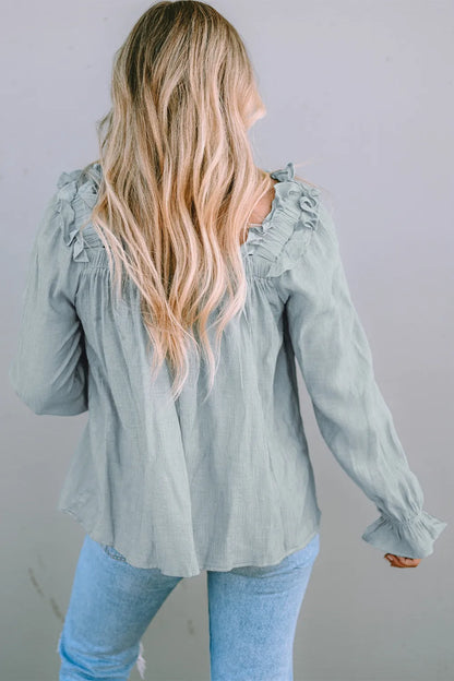 Chic Frill Trim Blouse with Flounce Sleeves - Roe Creation