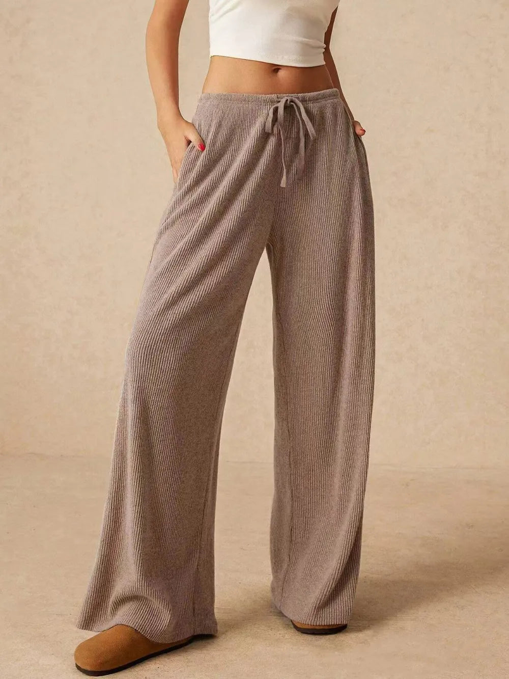 Ribbed Drawstring Wide Leg Pants - Roe Creation