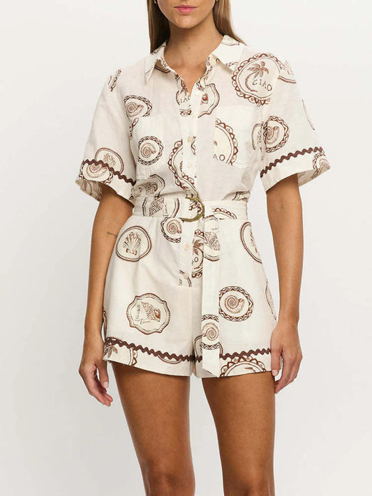 Printed Button-Up Half Sleeve Romper - Roe Creation