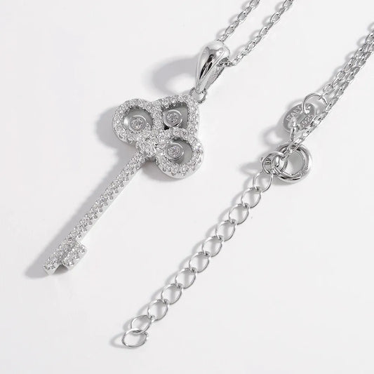 925 Sterling Silver Inlaid Zircon Key Shape Necklace - Roe Creation