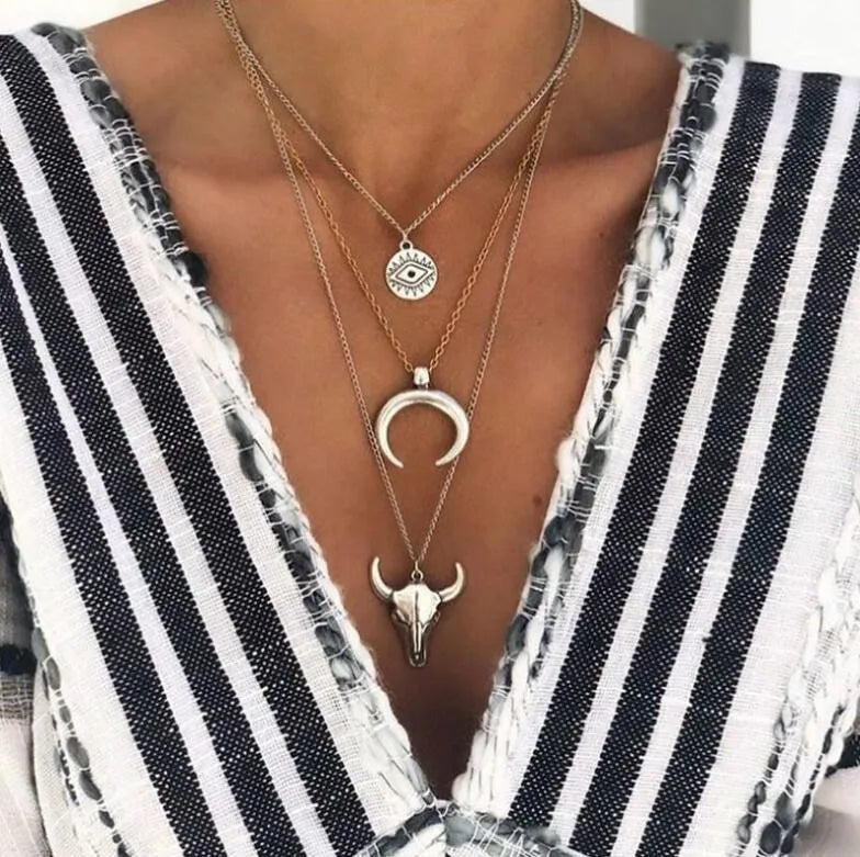 Alloy Three-Layered Bull Head Pendant Necklace - Roe Creation