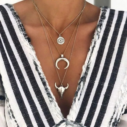 Alloy Three-Layered Bull Head Pendant Necklace - Roe Creation
