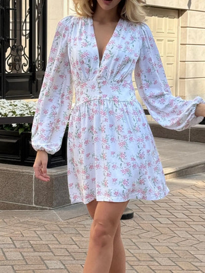 Floral Print Balloon Sleeve Dress - Roe Creation
