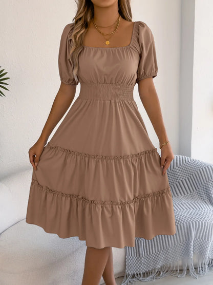 Square Neck Short Puff Sleeve Dress - Roe Creation