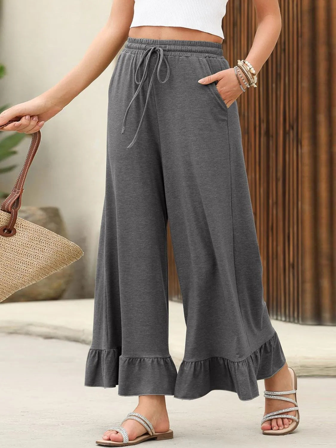 Ruffled Hem Wide Leg Pants - Roe Creation