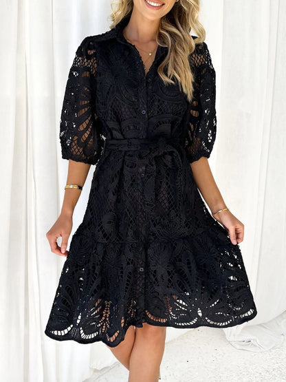 Lace Tie Waist Half Sleeve Dress - Roe Creation