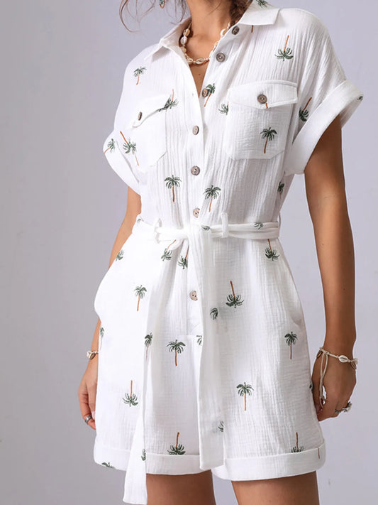 Palm Tree Print Short Sleeve Button-Up Romper with Belt - Roe Creation