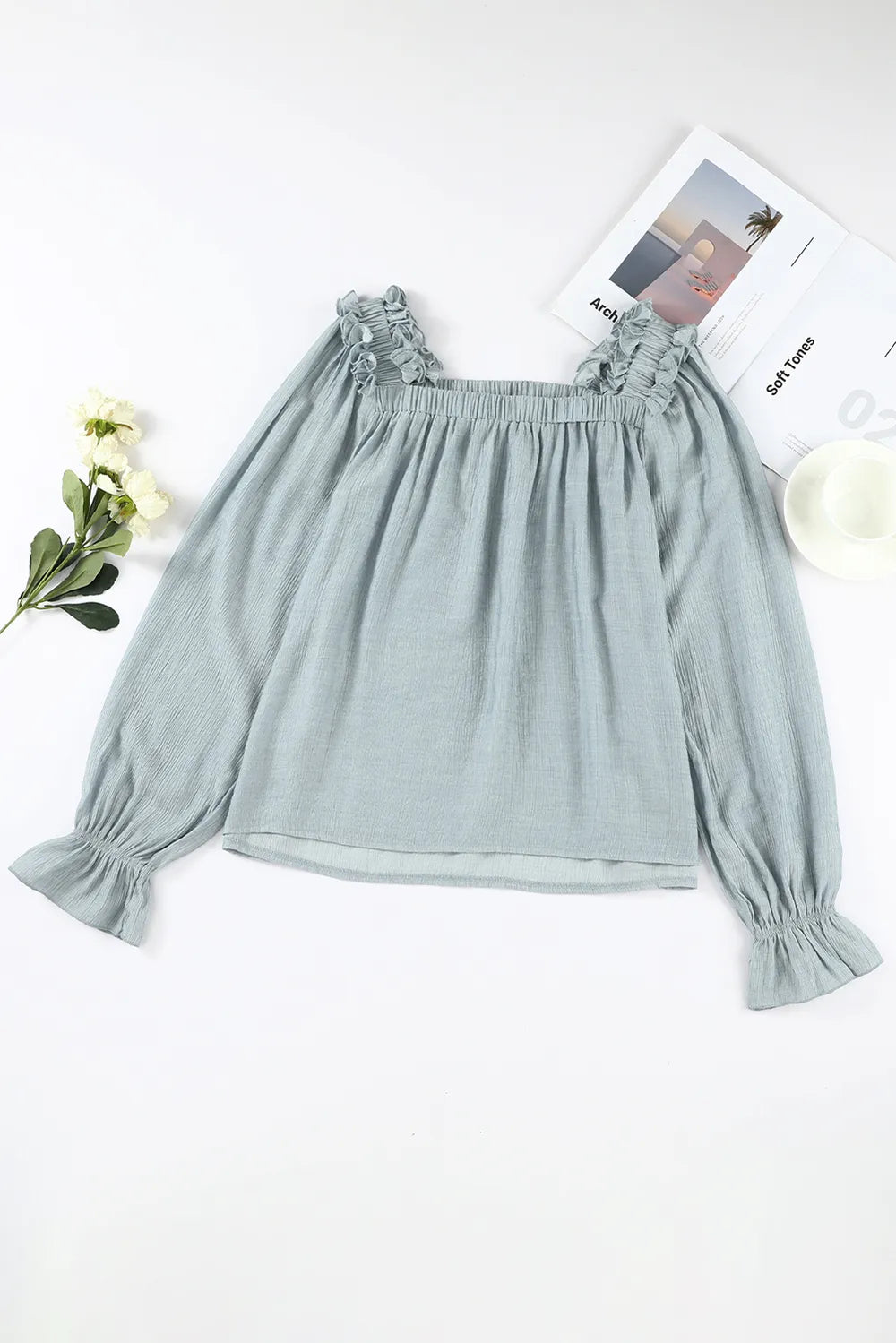Chic Frill Trim Blouse with Flounce Sleeves - Roe Creation