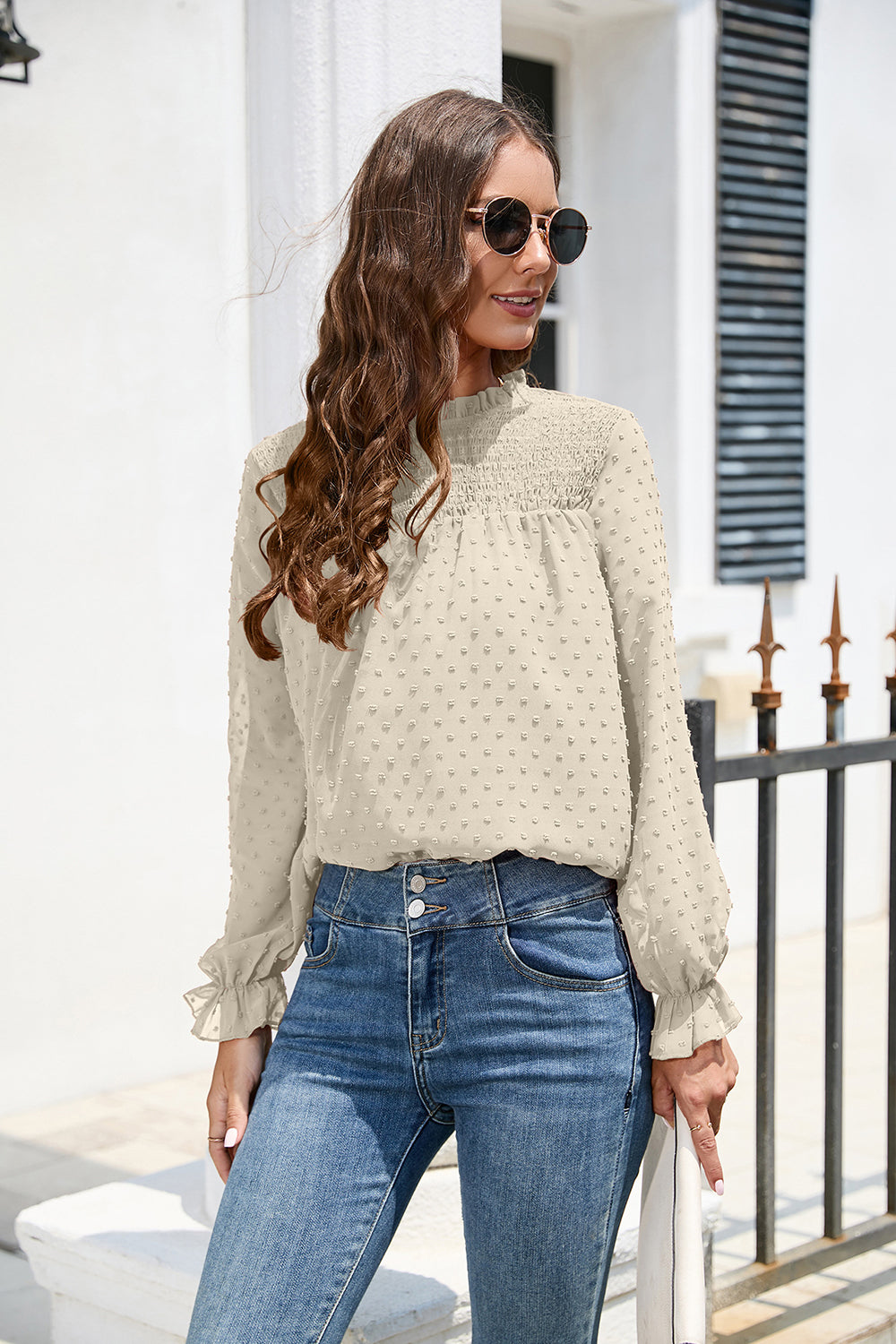 Smocked Swiss Dot Mock Neck Top – Elegant Sheer Blouse for Women - Roe Creation