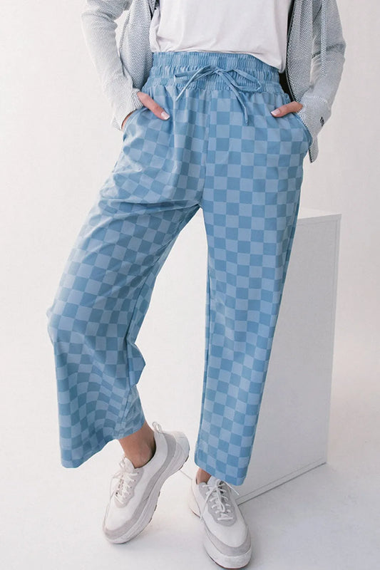Checkered Elastic High Waist Loose Casual Pants - Roe Creation