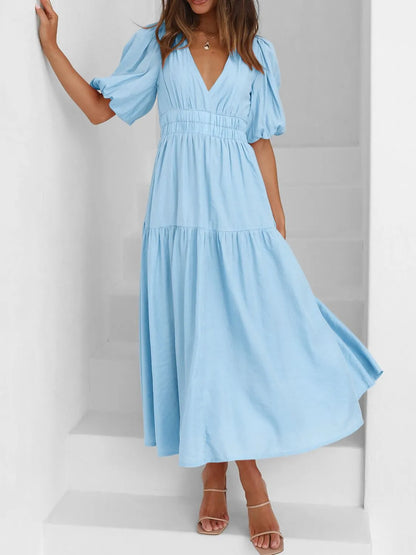 V-Neck Puff Sleeve Midi Dress - Roe Creation