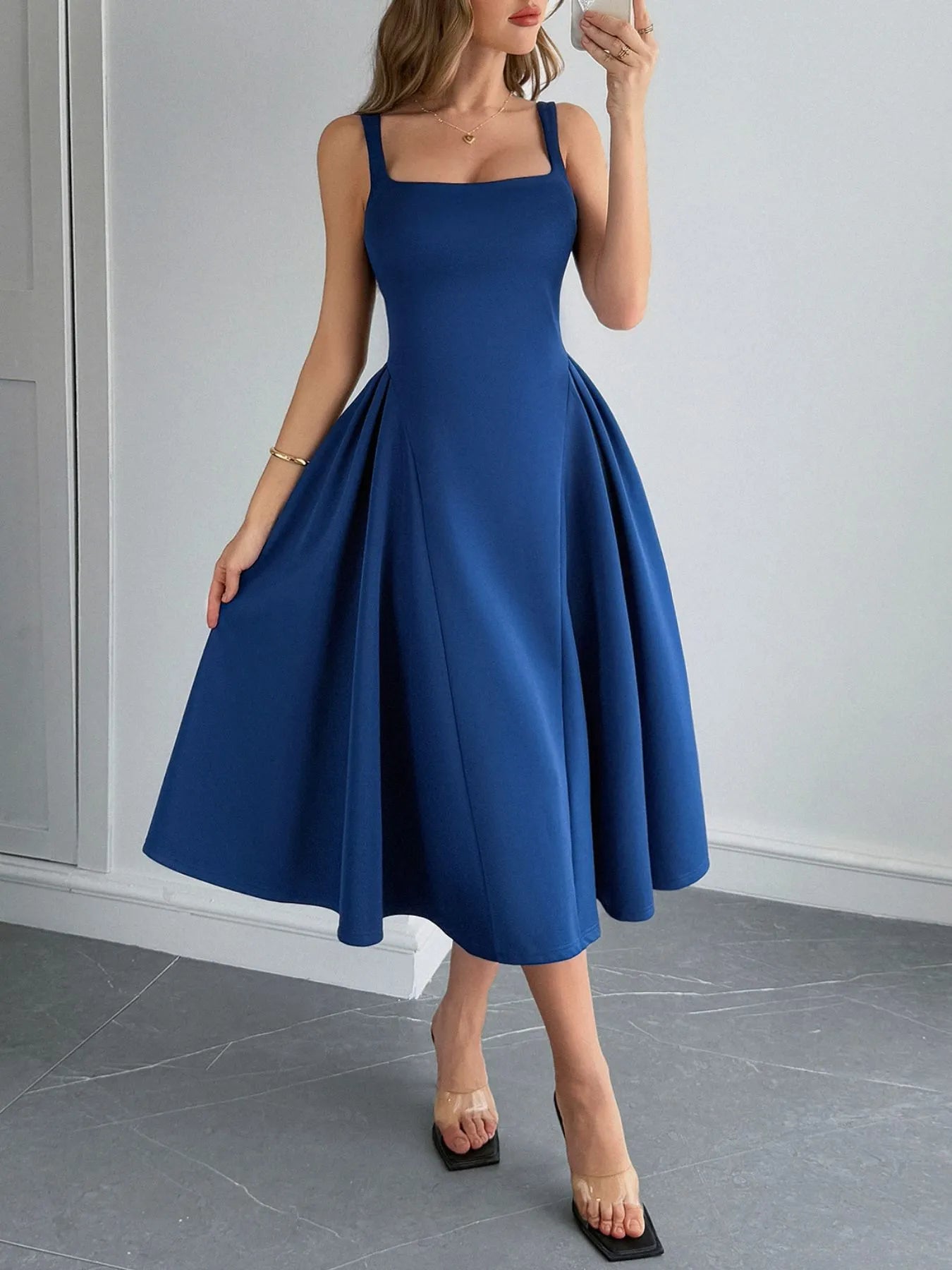 Square Neck Wide Strap Midi Dress - Roe Creation