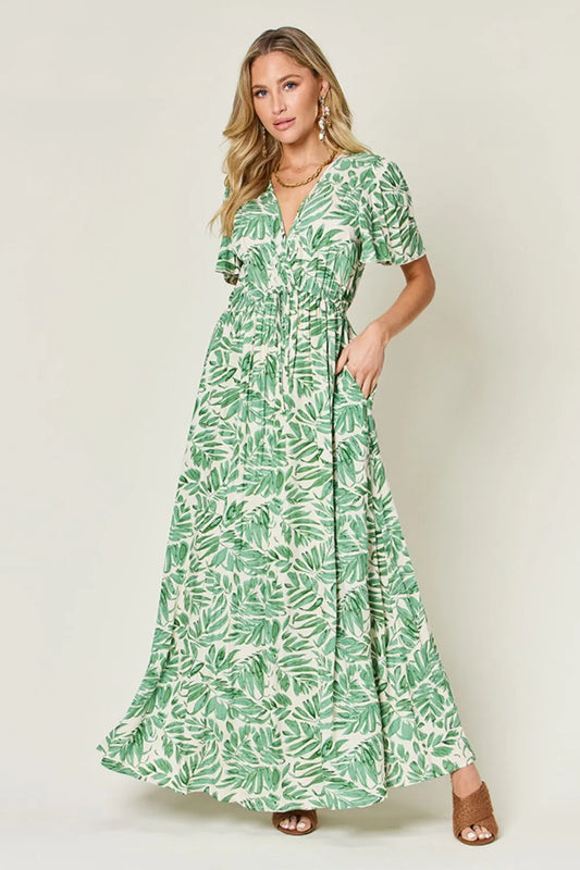 Double Take Full Size Printed Drawstring Short Sleeve Dress - Roe Creation