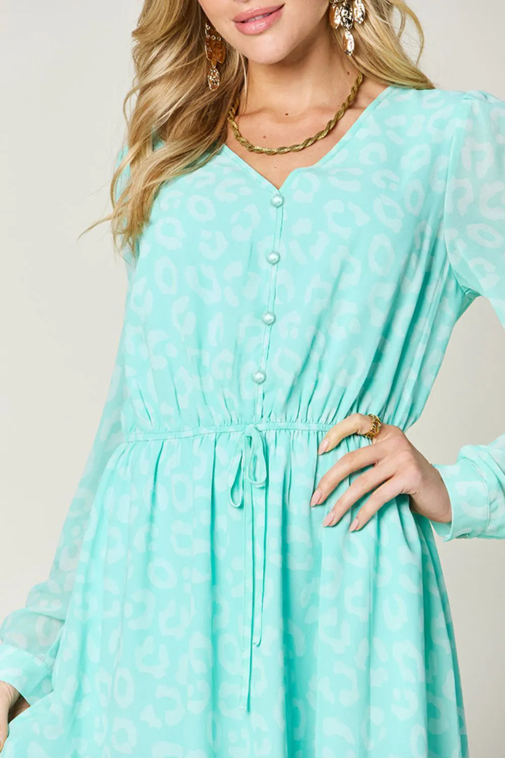 Double Take Full Size Printed Ruched V-Neck Long Sleeve Dress - Roe Creation