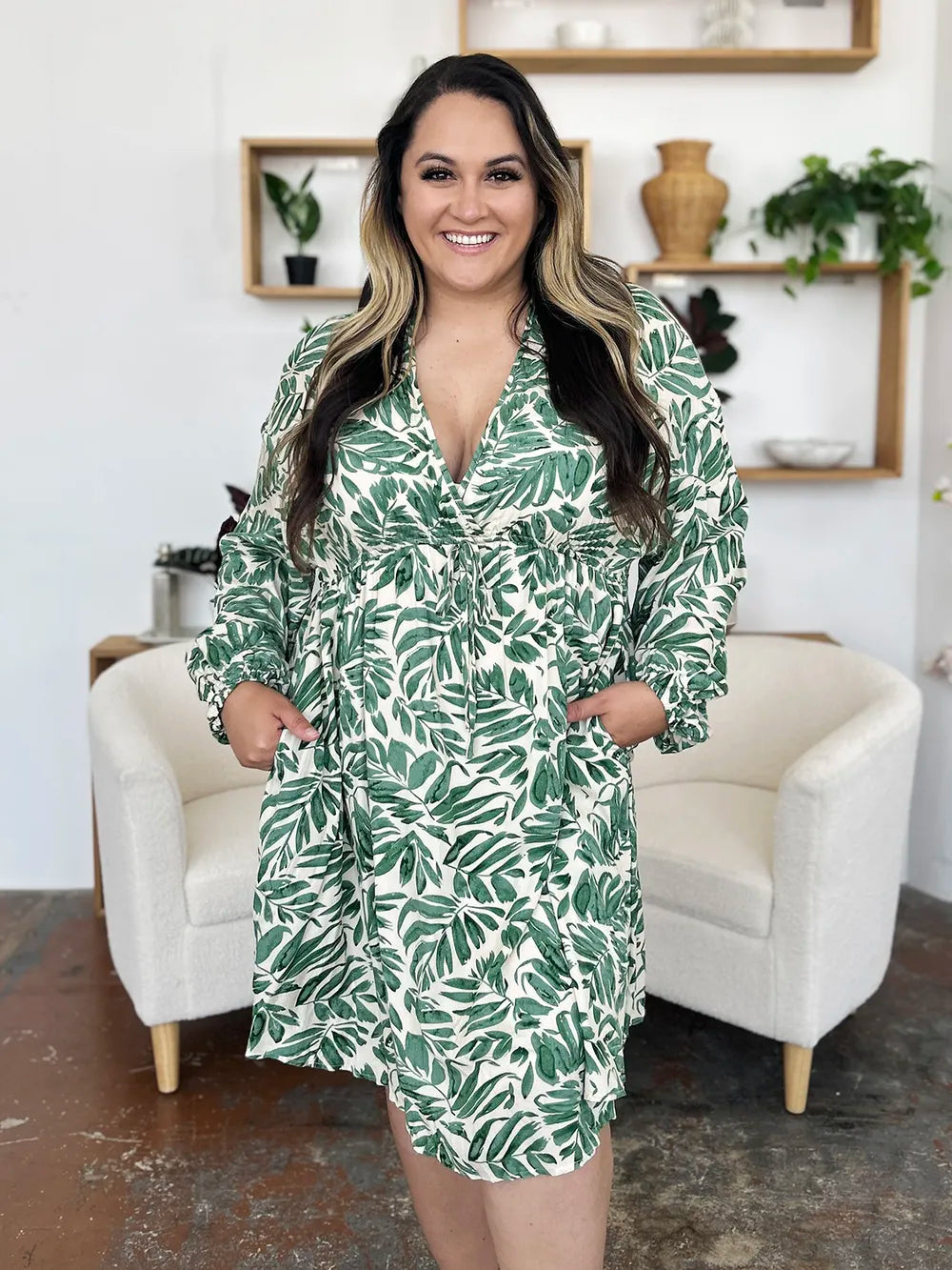Double Take Full Size Printed Ruched Balloon Sleeve Dress - Roe Creation