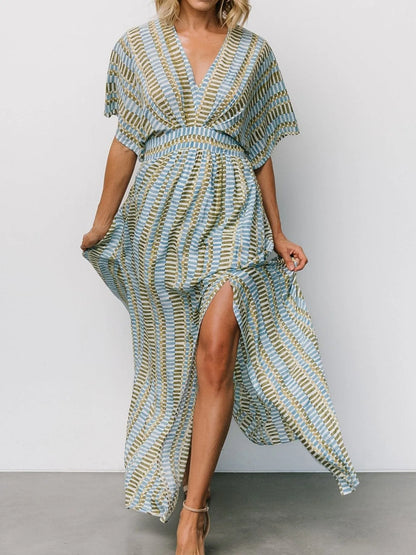Slit V-Neck Short Sleeve Maxi Dress - Roe Creation