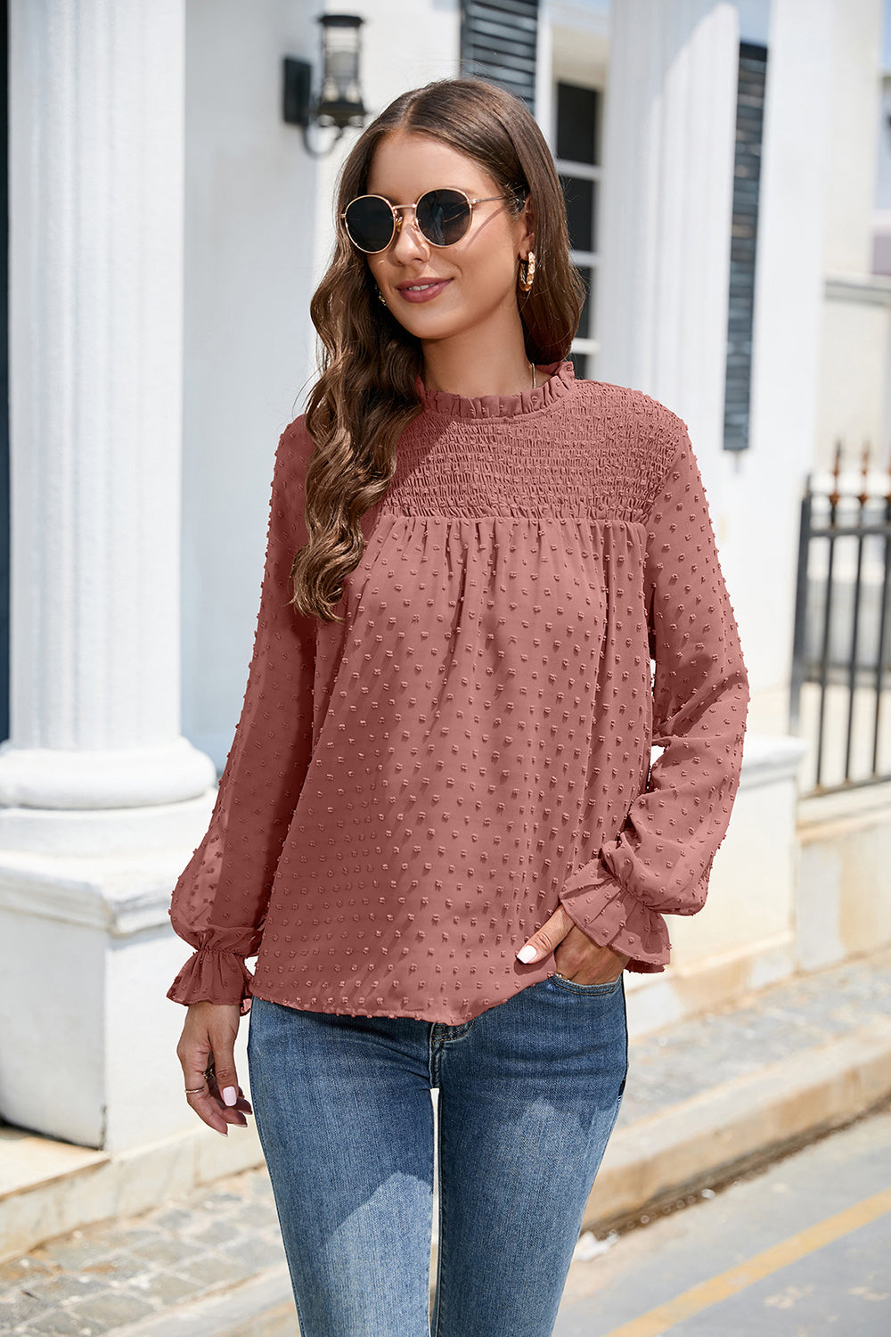 Smocked Swiss Dot Mock Neck Top – Elegant Sheer Blouse for Women - Roe Creation