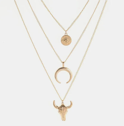 Alloy Three-Layered Bull Head Pendant Necklace - Roe Creation