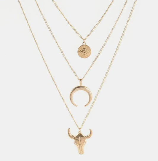 Alloy Three-Layered Bull Head Pendant Necklace - Roe Creation