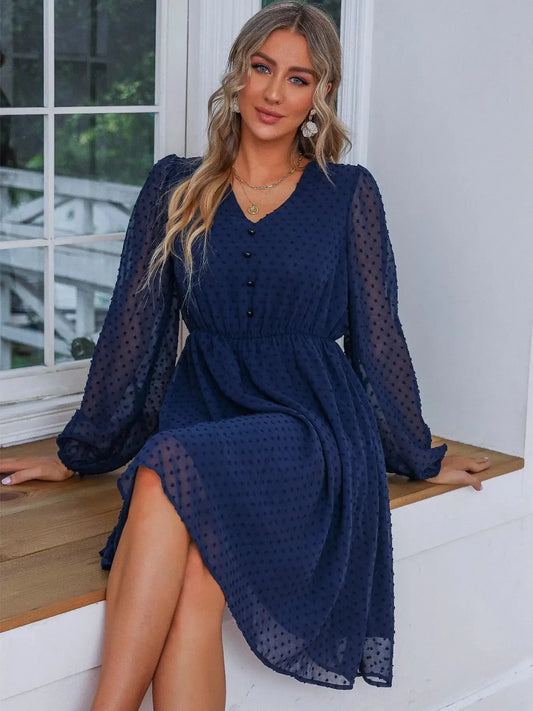 Swiss Dot V-Neck Balloon Sleeve Dress - Roe Creation