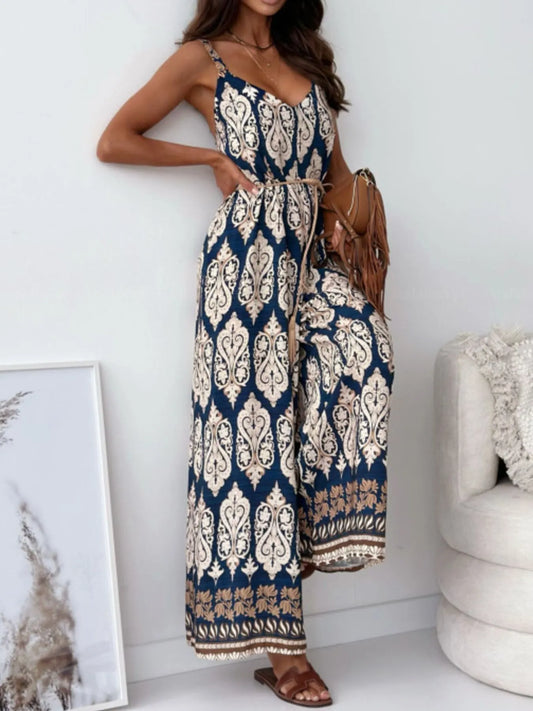 Paisley Print Spaghetti Strap Wide Leg Jumpsuit - Roe Creation