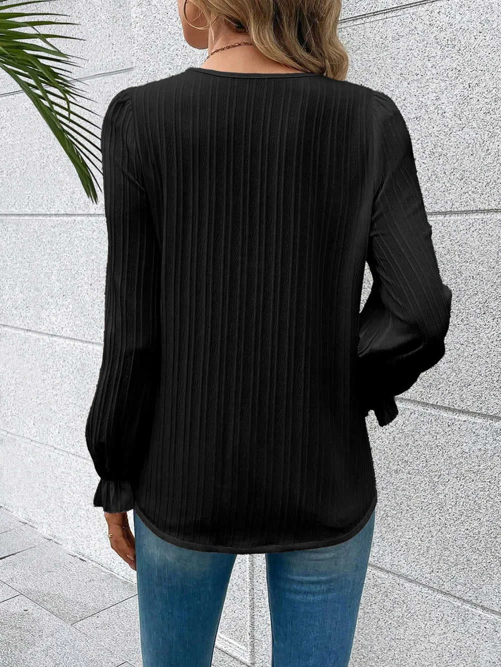 V-Neck Blouse with Lace Detail and Flounce Sleeves - Roe Creation