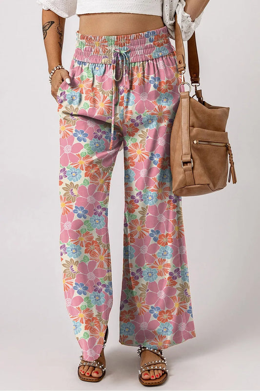 Drawstring High Waist Printed Wide leg Pants - Roe Creation
