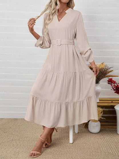 Tiered Notched Belted Midi Dress - Roe Creation