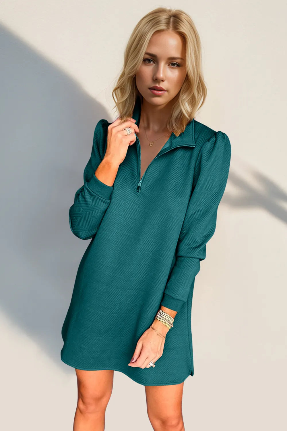 Double Take Textured Quarter Zip Long Sleeve Dress - Roe Creation