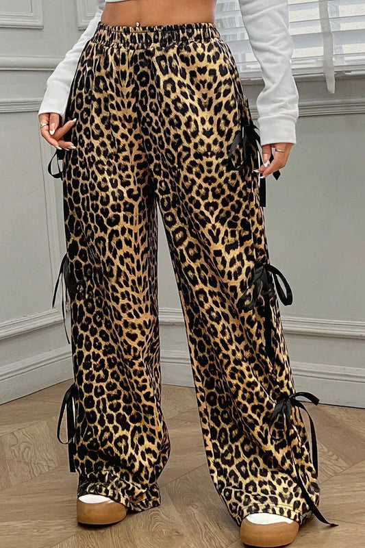 Leopard Bow Tie Elastic Waist Pants - Roe Creation