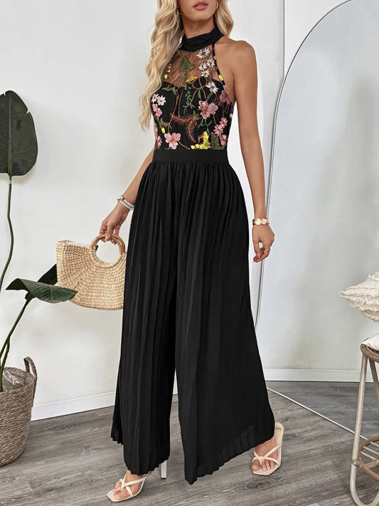 Floral Embroidered Halter Neck Pleated Jumpsuit - Roe Creation