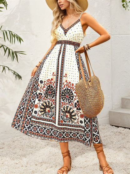 Printed V-Neck Midi Cami Dress - Roe Creation