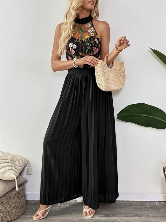 Floral Embroidered Halter Neck Pleated Jumpsuit - Roe Creation