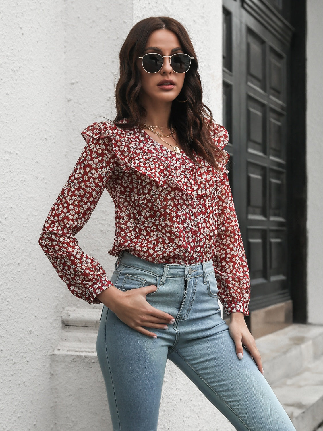 Printed Statement Collar Blouse – Bold Long Sleeve Top for Women - Roe Creation