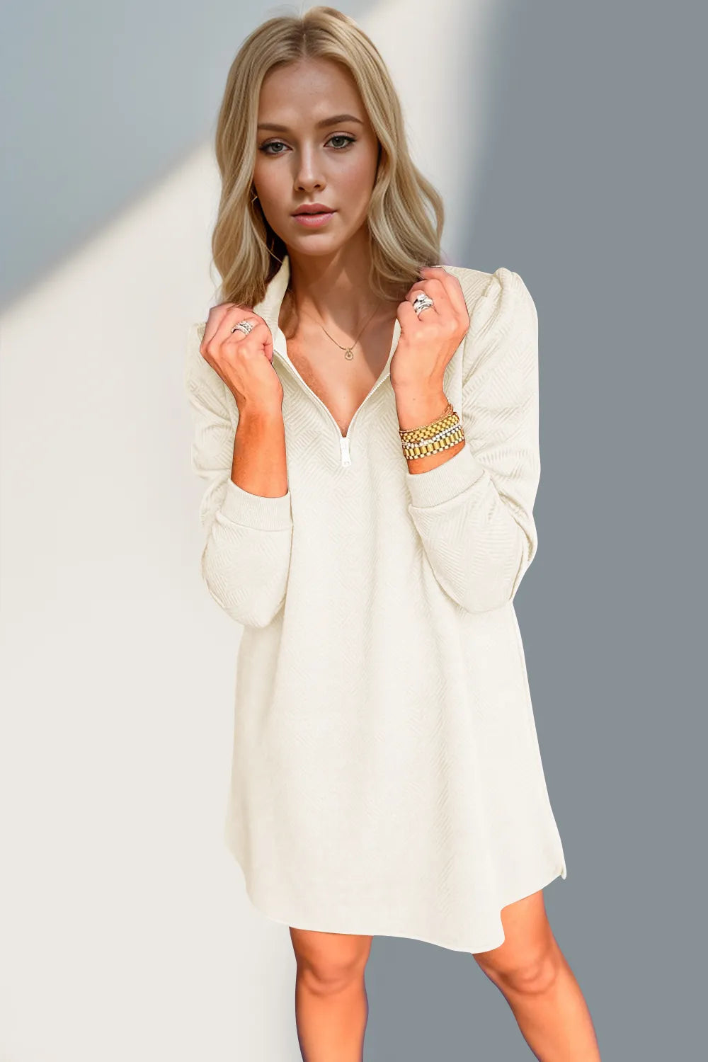Double Take Textured Quarter Zip Long Sleeve Dress - Roe Creation