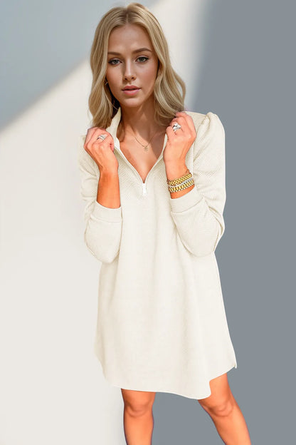 Double Take Textured Quarter Zip Long Sleeve Dress - Roe Creation