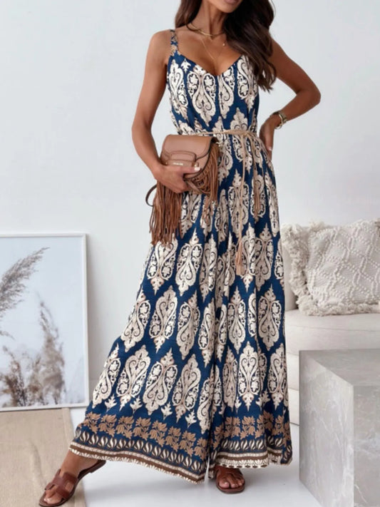 Paisley Print Spaghetti Strap Wide Leg Jumpsuit - Roe Creation