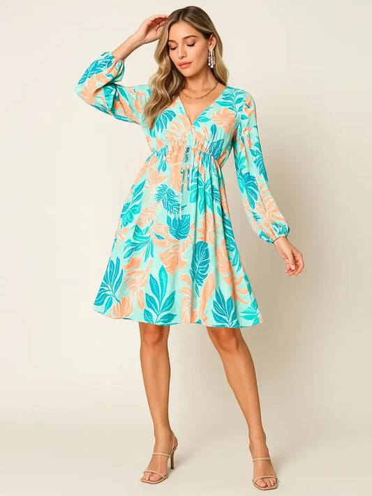 Double Take Full Size Printed V-Neck Drawstring Dress - Roe Creation