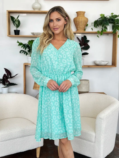 Double Take Full Size Printed Ruched V-Neck Long Sleeve Dress - Roe Creation