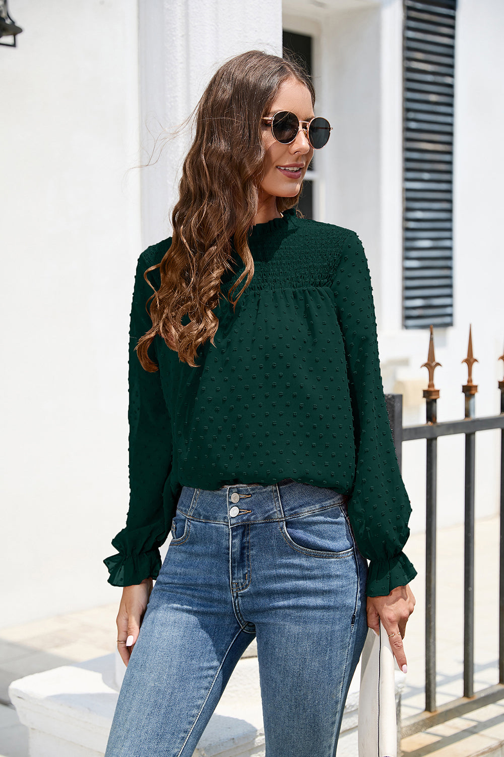 Smocked Swiss Dot Mock Neck Top – Elegant Sheer Blouse for Women - Roe Creation