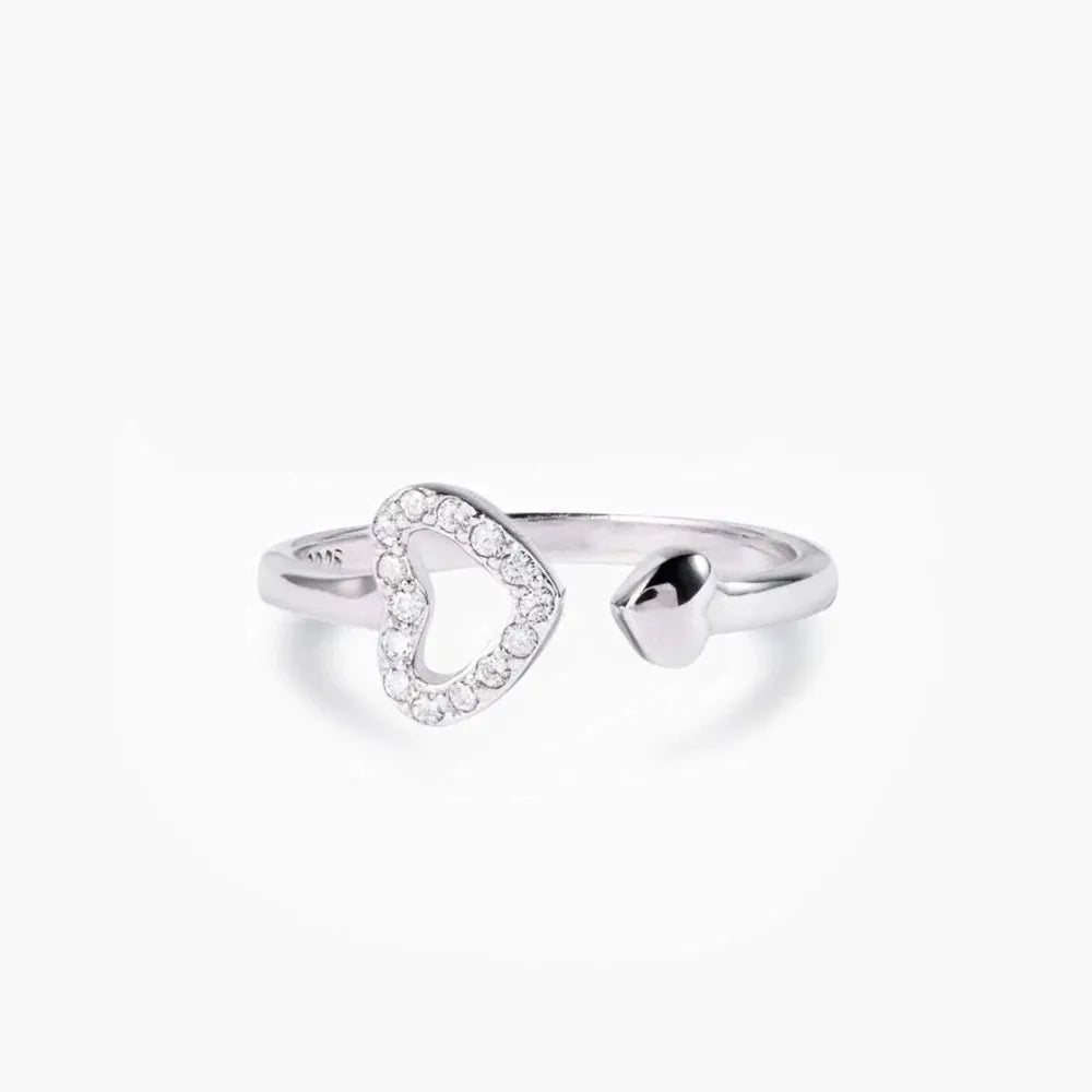 925 Sterling Silver Inlaid Zircon Heart Open Ring - Roe Creation
