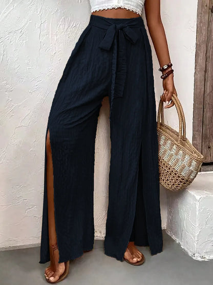 Honey Tied Slit Wide Leg Pants - Roe Creation
