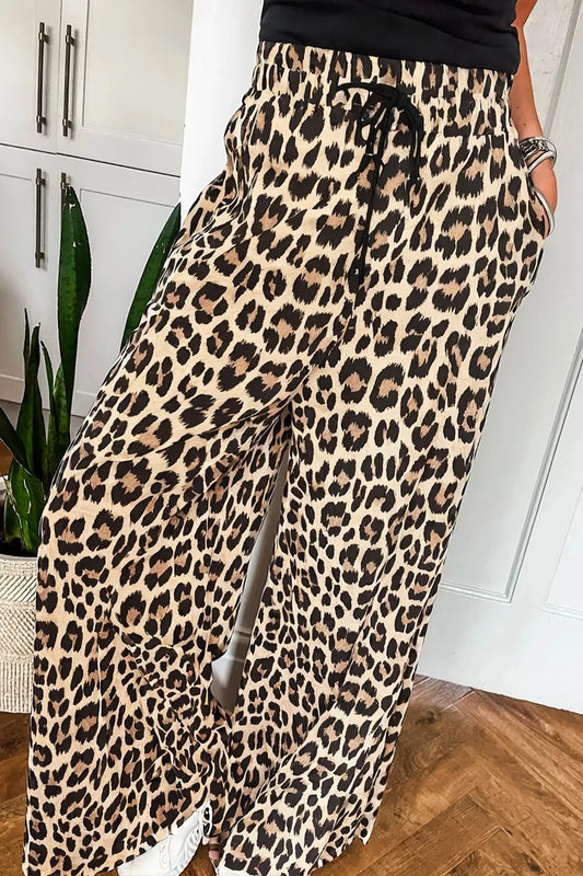 Parchment Leopard Drawstring Flowy Wide Leg Pants - Roe Creation