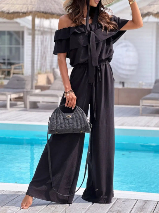 Off-Shoulder Ruffled Wide Leg Jumpsuit - Roe Creation